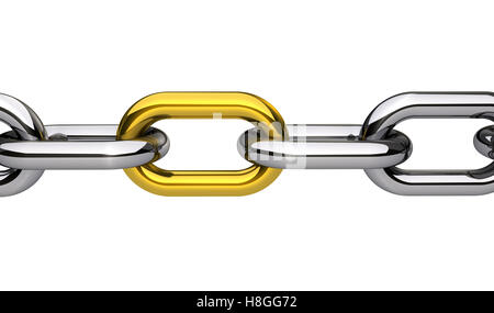 Chain with a gold link closeup business concept 3D illustration isolated on white background. Stock Photo