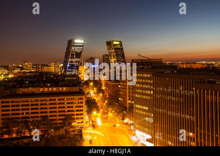 Puerta de Europa in Madrid, Spain. Also known as the Kio Towers (Torres Kio), they were built from 1989 to 1996 and were designe Stock Photo