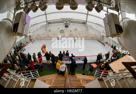 Hamburg, Germany. 12th Nov, 2016. Visitors look at the rink on the deck of the 'Aida prima' cruise ship in Hamburg, Germany, 12 November 2016. AIDA cruises is opening Hamburg's newest and highest ice-skating rink on board the ship. Photo: AXEL HEIMKEN/dpa/Alamy Live News Stock Photo