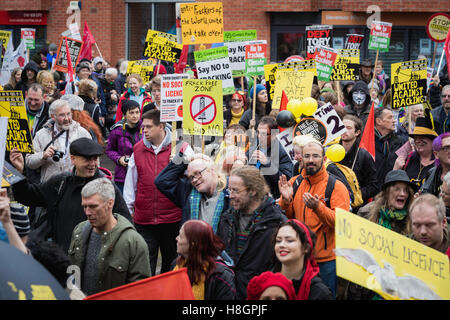 Manchester, UK. 12th November, 2016. Placards held high during the United Against Fracking demonstration. Credit:  Andy Barton/Alamy Live News Stock Photo
