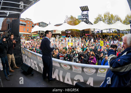 Manchester, UK. 12th November, 2016. An estimated 1,500-2,000 antifracking protesters, including Bianca Jagger and Bez from Happy Mondays, braved the rain to march through Manchester city centre to Castlefields Arena where Bianca Jagger and Andy Burnham, Labour MP for Leigh and Labour's nominee to be the first elected Mayor of Greater Manchester in the May 2017 mayoral election,  gave passionate speeches against fracking to the large crowd assembled in the arena. Andy Burnhams constituency of Leigh is a former mining area in Greater Manchester. Credit:  Dave Ellison/Alamy Live News Stock Photo