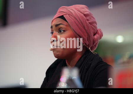 London, UK. 13 November, 2016. Nadiya Hussain, winner of The Great British Bake Off (GBBO) 2015, gives a cookery demonstration at the Aldi sponsored Supertheatre Stage at the BBC Good Food Show at Olympia London. Credit:  Dinendra Haria/Alamy Live News Stock Photo