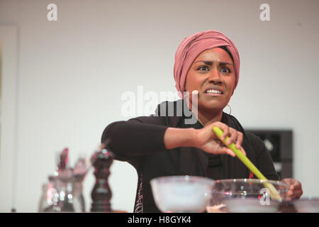 London UK 13 November 2016 London Olympia hosting the BBC Good Food Show with Nadiya Hussain winner of Great British Bake off 2015.Her first cookbook, Nadiya's Kitchen  has just been published, with her children's book, Bake Me A Story slated for publication in September 2016. Added to her books, Nadiya is a columnist for The Times and Essentials. Nadiya is also writing a series of contemporary women's fiction novels with the first to be released in 2017. cooking live on the Super Theatre stage at the BBC Good Food Show 2016. Credit:  Paul Quezada-Neiman/Alamy Live News Stock Photo