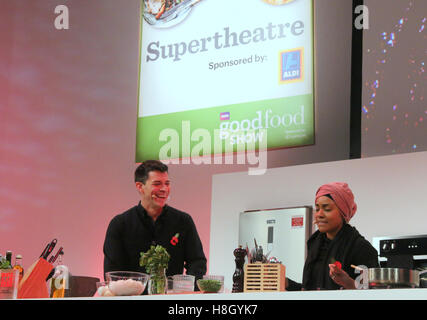 London UK 13 November 2016 London Olympia hosting the BBC Good Food Show with Nadiya Hussain winner of Great British Bake off 2015.Her first cookbook, Nadiya's Kitchen  has just been published, with her children's book, Bake Me A Story slated for publication in September 2016. Added to her books, Nadiya is a columnist for The Times and Essentials. Nadiya is also writing a series of contemporary women's fiction novels with the first to be released in 2017. cooking live on the Super Theatre stage at the BBC Good Food Show 2016. Credit:  Paul Quezada-Neiman/Alamy Live News Stock Photo