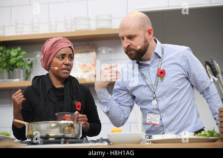 Olympia, London, UK - 13 Nov 2016  Nadiya Hussain, winner of The Great British Bake Off (GBBO) 2015 gives a cookery demonstration at BBC Good Food Stage sponsored by Lakeland and hosted by Barney Desmazery. Credit:  Dinendra Haria/Alamy Live News Stock Photo