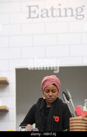 Olympia, London, UK - 13 Nov 2016  Nadiya Hussain, winner of The Great British Bake Off (GBBO) 2015 gives a cookery demonstration at BBC Good Food Stage sponsored by Lakeland and hosted by Barney Desmazery. Credit:  Dinendra Haria/Alamy Live News Stock Photo