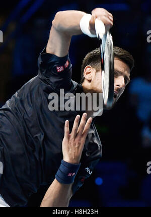 London, UK. 13th November, 2016. Barclays ATP World Tour Finals 02 Arena London UK Novak Djokovic SRB v Dominic Thiem AUT  Djokovic in action during the match which he won 2-1 Credit:  Leo Mason/Alamy Live News Stock Photo