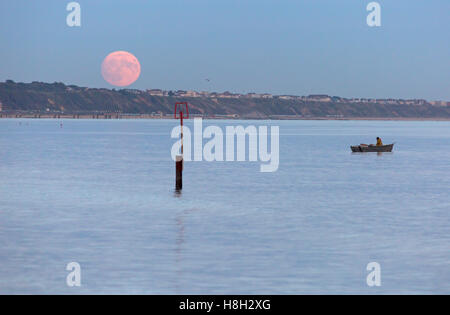 Branksome Chine, Poole, Dorset, UK. 13 November 2016. Supermoon over Bournemouth. The Beavers Super Moon is tomorrow, 14th November, but todays is 99% full and only a few thousand miles difference! The supermoon, super moon,  occurs when a full moon’s orbit is closest (perigee) to Earth – this one is the biggest and brightest since 1948, being 15% bigger and 16% brighter. The shortest distance from Earth combined with being fully lit makes it appear brighter, closer and larger than usual. Picture: Credit:  Carolyn Jenkins/Alamy Live News Stock Photo