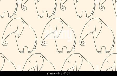One line elephant seamless pattern on beige background Stock Vector