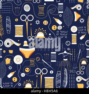 Seamless graphic pattern of elements for sewing on a blue background Stock Vector