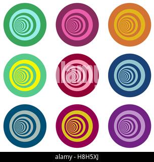 multiple vortex with concentric stripes in different colors over white Stock Vector