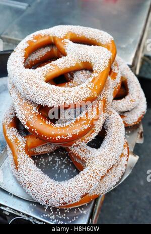 Salted pretzels sold on a street corner in New York City Stock Photo