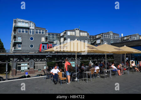 Pavement cafe at  Baumwall Promende with Gruner & Jahr publishing building in the background, Hamburg, Germany, Europe Stock Photo