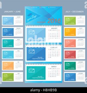 Wall calendar 2016 years . Vector design template  with place for your photo. Set of 12 Months Stock Vector