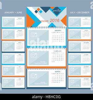 Wall calendar 2016 years . Vector design template  with place for your photo. Set of 12 Months Stock Vector