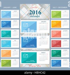 Wall calendar 2016 years . Vector design template with place for your photo. Set of 12 Months Stock Vector