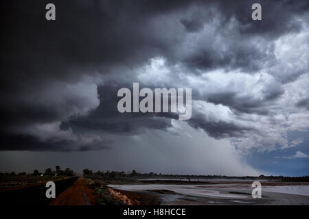 Damaging thunderstorm forming of salt lake near Mildura, Victoria, Australia Stock Photo