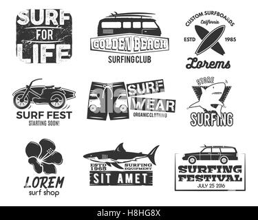 Set of Vintage Surfing Graphics and Emblems for web design or print. Surfer, beach style logo . Surf Badge. Surfboard seal, elements, symbols. Summer boarding on waves. hipster tee Stock Photo