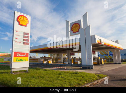 Shell oil company Gas Station automated gas pump along Interstate