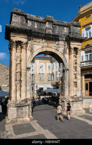 Arch of the Sergii is an Ancient Roman triumphal arch located in Pula, Croatia. Stock Photo