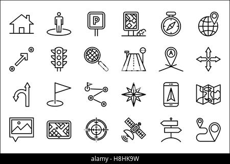 Navigation Thin Line Related Icons Set on White Background. Simple Mono Linear Pictogram Pack Stroke Vector Logo Concept for Web Stock Vector