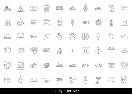 Travel Thin Line Related Icons Set on White Background. Summer Holidays, Vacation and Travel. Simple Mono Linear Pictogram Pack Stock Vector