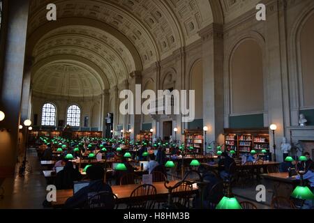 A view inside the iconic Bates Hall of the Boston Public Library in Copley Square in Boston's Back Bay. Stock Photo