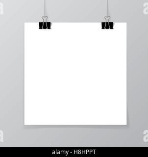 Poster hanging on a thread with two black clips. Blank sheet of paper against a concrete wall mock up. Urban minimalistic style  Stock Vector