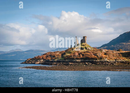 A landscape image of the remains of Castle Maol, taken from Kyleakin harbour, Isle of Skye, Scotland, Stock Photo