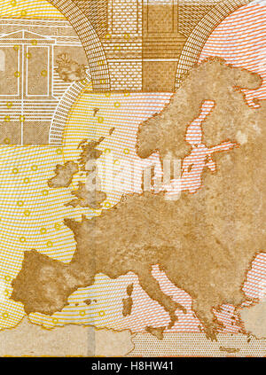 Map of Europe on back of fifty euro bill macro