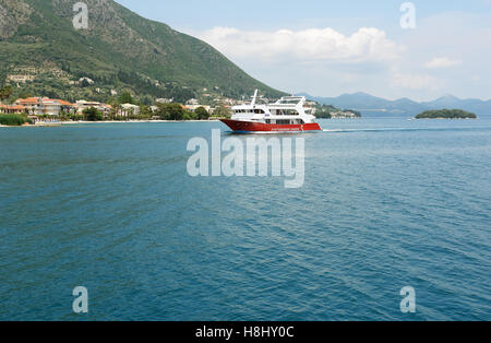 Lefkada, GREECE, May 11, 2013: Panoramic view with cruises ferry-boat,  islands and mountains in Ionian sea, Greece. Stock Photo