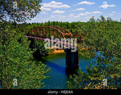 Old Red Bridge over the American River in Fair Oaks California Stock Photo