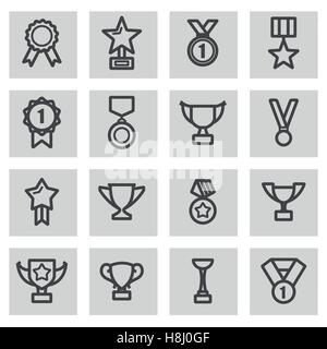 Vector black line trophy and awards icons set on grey background Stock Vector