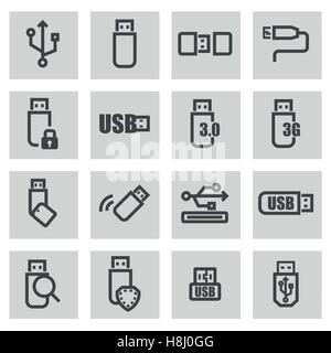Vector black line usb icons set on grey background Stock Vector