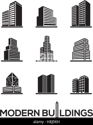 Set of nine vector icons of contemporary tall buildings, low angle perspective view Stock Vector