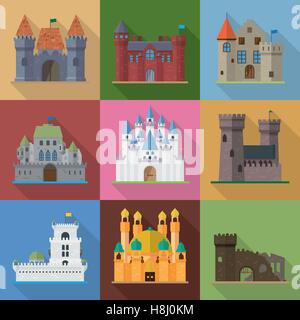 Flat design long shadow castles, palaces, mansions and ruins vector illustration Stock Vector