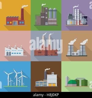 Factory and power plant building flat design long shadow vector illustration Stock Vector