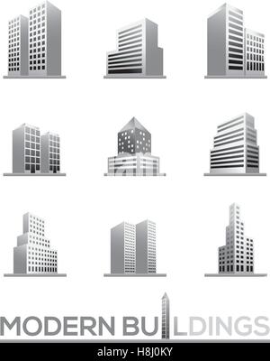 Set of nine contemporary tall building and skyscraper icons Stock Vector