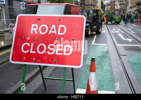 Roadworks signs in Manchester city centre, UK Stock Photo