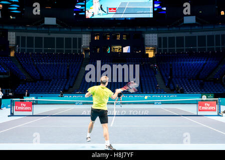 London, UK. 12th Nov, 2016. Dominic Thiem (AUT), Marin Cilic (CRO), Gael Monfils (FRA), Stanislas Wawrinka (SWI) and Bob and mike Bryan (USA) have practice in an empty O2 Arena the day before the ATP Finals start. © Alberto Pezzali/Pacific Press/Alamy Live News Stock Photo