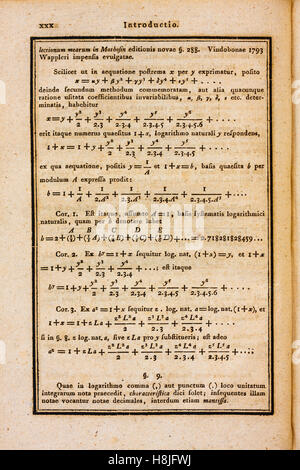 Full page of a 200 years old mathematics book with complex calculations Stock Photo