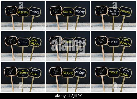 Photo collage of concept messages written with chalk on wooden mini blackboard labels and light bulb as symbol for idea Stock Photo