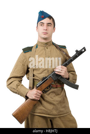 young paratrooper Soviet soldier with machine gun, ww2 Stock Photo