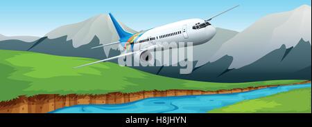 Airplane flying over the river scene in the book illustration Stock ...