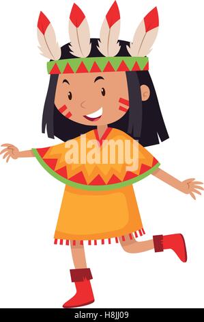 Little girl in native american indian costume illustration Stock Vector