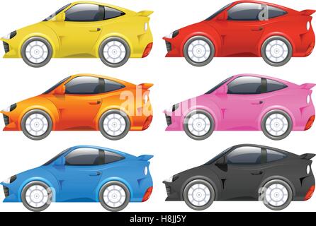 Racing cars in six different colors illustration Stock Vector