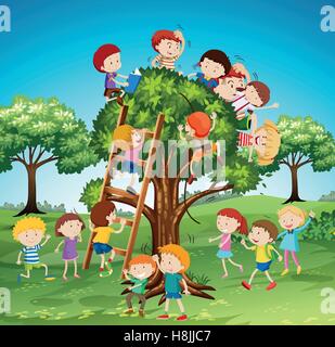 Many children climbing up the tree illustration Stock Vector