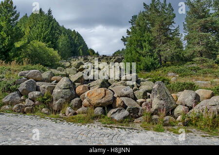 View of stone river big granite stones on rocky river from a distance in  Vitosha national park mountain, Bulgaria Stock Photo