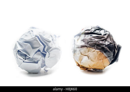A screwed up piece of paper in ball shape., Crumpled sheet of paper isolated ., Junk paper can be recycle on white background Stock Photo