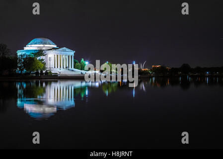 Jefferson Memorial at Night Reflected in Boat Basin Stock Photo